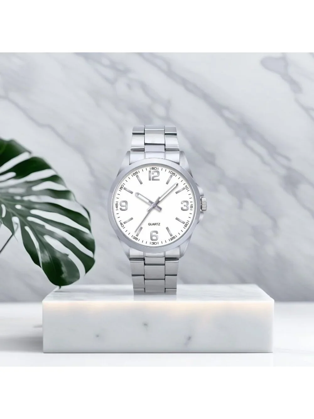 Men's Silver And White Analog Stainless Steel Case Arabic Numerals Classic Watch